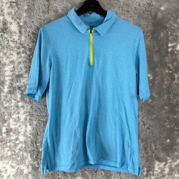 Lands End Sz M Striped 1/4 Zip Polo Top Blue Short Sleeve Casual Collar Stretch - Picture 1 of 8